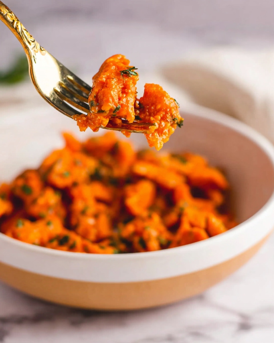 A close-up view of a white bowl filled with a bright orange dish made of small, textured pieces mixed with small green herbs. A fork is lifting a portion from the bowl, showing chunks and small curly strands coated in the same orange sauce with herbs visible. The background is a soft blur with a white marbled surface below the bowl. photo taken with an iphone --ar 4:5 --v 7