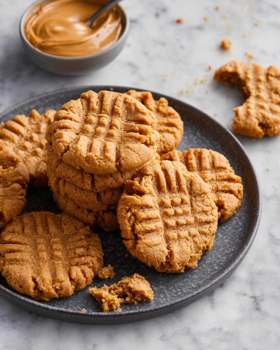 A dark gray plate holds a stack of six peanut butter cookies with a golden brown color and crisscross fork marks on top, showing a slightly rough and textured surface. The cookies are thick and soft-looking, with one cookie half-eaten placed outside the plate along with some crumbs. A small bowl nearby contains smooth, creamy peanut butter in a light brown shade. All items are arranged on a white marbled surface. photo taken with an iphone --ar 4:5 --v 7