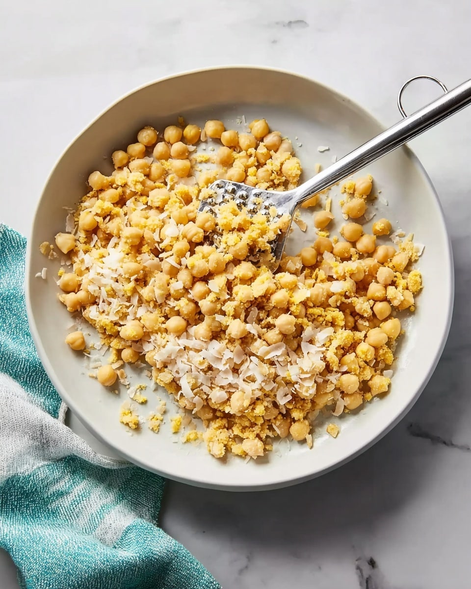 A white round shallow bowl filled with a mix of lightly mashed chickpeas and coconut flakes, showing a textured surface with small yellow and beige round chickpeas blending with white coconut pieces. A silver potato masher rests inside the bowl, with mashed mixture clinging to its grid. The bowl is placed on a white marbled surface, and a folded teal and white cloth napkin is partially visible on the left side. Photo taken with an iphone --ar 4:5 --v 7