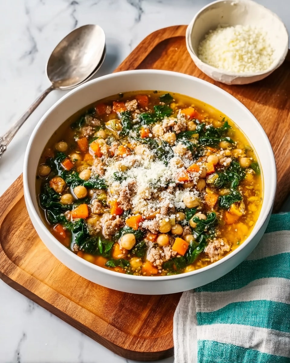 A white bowl filled with a colorful soup containing visible layers of chickpeas, small diced orange carrots, leafy green spinach, and tiny pieces of light brown meat in a golden broth. The soup is topped in the center with a sprinkle of white grated cheese. The bowl is placed on a wooden board on a white marbled surface. Nearby is a small white bowl with more grated cheese and a silver spoon beside it. A white and green striped cloth is tucked under the wooden board. Photo taken with an iphone --ar 4:5 --v 7