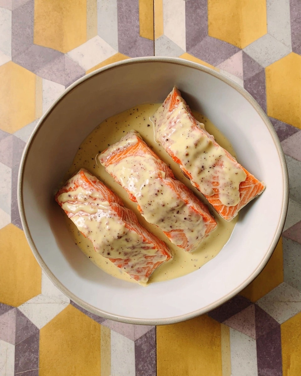 A white bowl contains four rectangular pieces of salmon, each covered with a creamy light yellow sauce that has a smooth texture with small black pepper specks. The salmon beneath the sauce is a bright orange-pink color with a slightly grilled look on the edges. The bowl is set on a patterned floor with yellow, white, and purple cube shapes. photo taken with an iphone --ar 4:5 --v 7