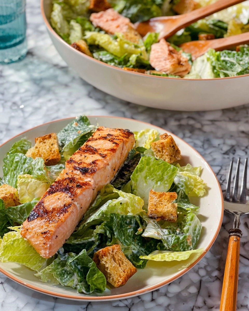 A white plate holds a fresh salad with three layers: the bottom layer is green leafy lettuce with some creamy dressing giving a shiny texture, the middle layer has golden brown crunchy croutons scattered around, and the top layer features a long, pink grilled salmon fillet with grill marks and slightly charred spots, centered on the salad. To the right of the plate is a fork with a wooden handle, and beneath the plate is a white marbled textured surface. In the background, there is a large white bowl filled with more salad and salmon pieces, visible with wooden serving spoons resting on the edge. Photo taken with an iphone --ar 4:5 --v 7