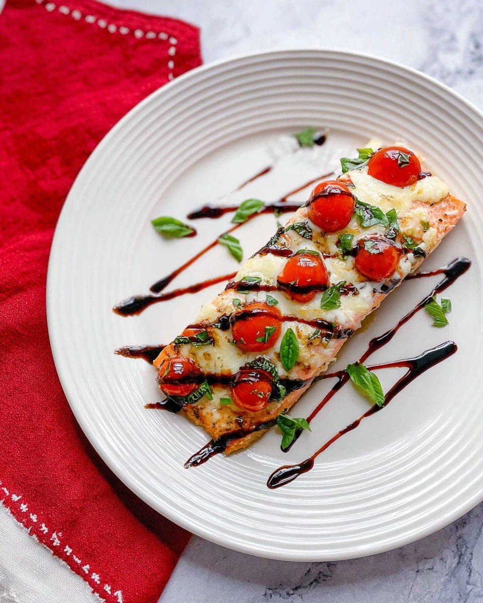 The image shows a rectangular piece of cooked salmon topped with a layer of melted white cheese, scattered with small bright red cherry tomato halves and green basil leaf strips. The salmon sits on a white plate with ridged edges. Dark brown balsamic glaze is drizzled in thick lines across the salmon and onto the plate. The plate is placed on a white marbled surface, with a red cloth featuring white stitching visible in the top left corner. The overall look is colorful and fresh. photo taken with an iphone --ar 4:5 --v 7