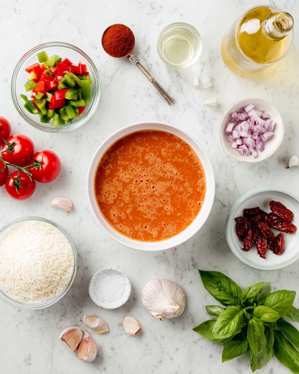 The image shows a flat layout of fresh cooking ingredients on a white marbled surface. In the center, there is a white bowl filled with a smooth, orange-red sauce that looks slightly frothy on top. Surrounding it are various small white bowls and glass containers with different items: chopped green and red bell peppers in a clear bowl at the top left, small chopped red onions in a white bowl on the right, and dried tomatoes in a small white bowl near the bottom right. There's a bunch of fresh green basil leaves placed near the onions, and three garlic cloves beside it. Cherry tomatoes on the vine with a shiny red surface are in the middle left area. A white bowl filled with white rice is near the bottom left. There are small amounts of spices in a tiny white dish, and a teaspoon filled with a deep red powder above the sauce bowl. A glass of clear liquid and a bottle of light yellow oil are placed on the surface to add more ingredients. The overall scene is bright and clean with a fresh, natural look. photo taken with an iphone --ar 4:5 --v 7