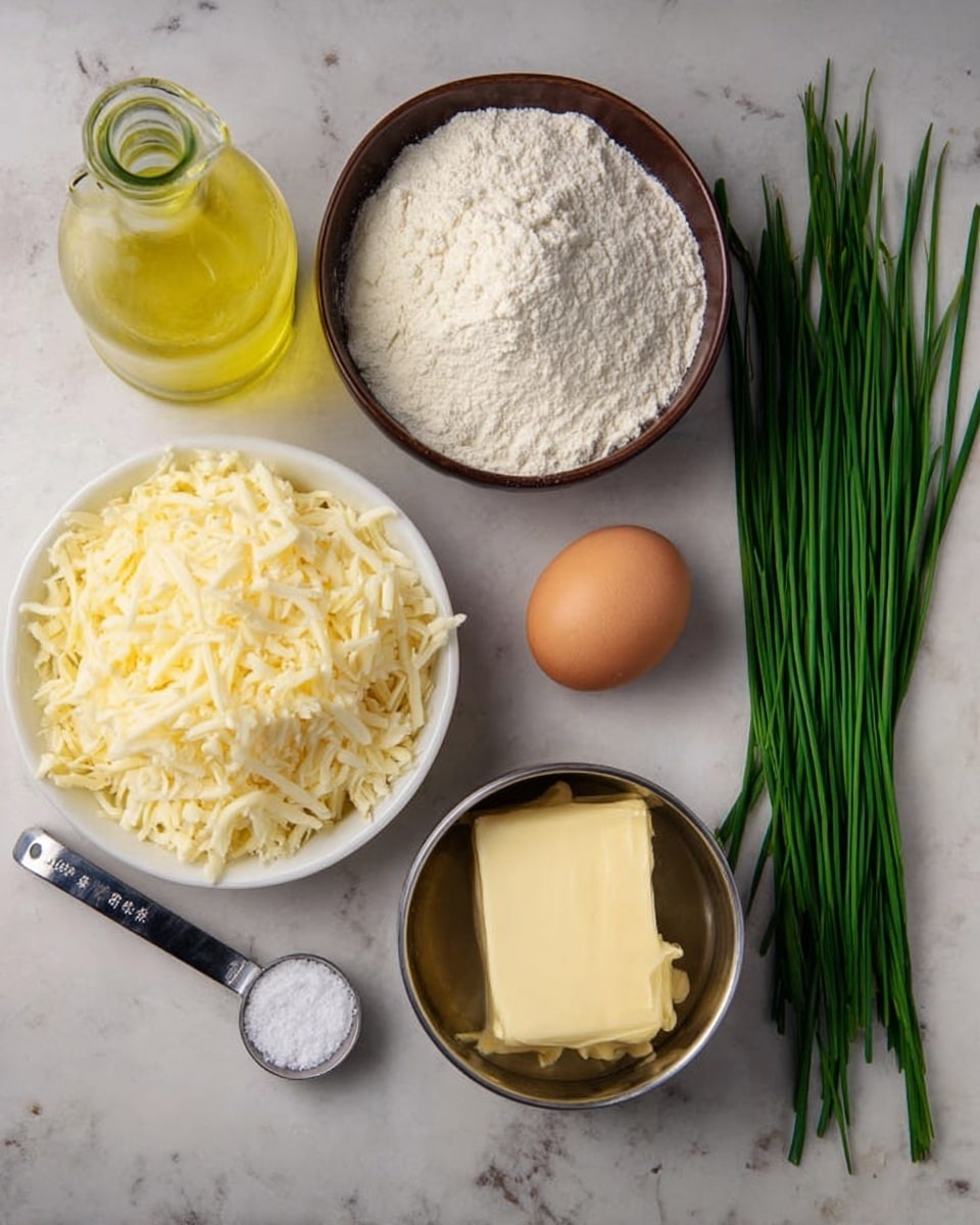 The image shows several ingredients arranged on a white marbled surface. In the back center, there is a brown bowl filled with white flour. To the left of it is a glass bottle filled with yellow liquid, likely oil or melted butter. In the front left, a white bowl holds a large pile of shredded cheese. Next to the cheese bowl is a measuring spoon with a white powder, presumably salt. On the front right side, there is a single brown egg and some bright green long chives laid out in a bunch. Finally, on the far right, there is a small metal pot containing a solid piece of light yellow butter partially melted. Photo taken with an iphone --ar 4:5 --v 7