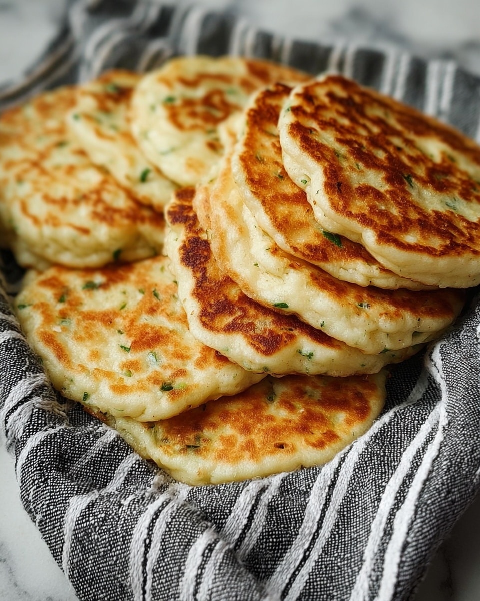 A close-up view of a stack of round, golden-brown pancakes with small green herb pieces visible inside. The pancakes have a soft, slightly fluffy texture with browned spots on the surface, showing a slight crispness. They are casually arranged on a striped black and white cloth, which is on a white marbled surface. The pancakes vary slightly in size and shape, giving a homemade feel. photo taken with an iphone --ar 4:5 --v 7