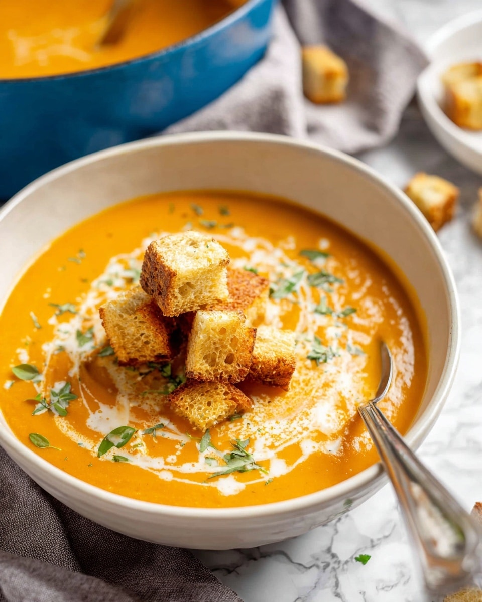 A creamy orange soup fills a white bowl, with a smooth texture and swirls of white cream on the surface. On top of the soup are several golden-brown toasted croutons, some stacked in the center, showing a crispy and airy texture inside. Small green herb leaves are sprinkled over the soup and croutons, adding freshness and color contrast. A silver spoon rests on the edge of the bowl. The bowl is placed on a white marbled surface, with a soft gray cloth and a blue pot with more orange soup blurred in the background. photo taken with an iphone --ar 4:5 --v 7