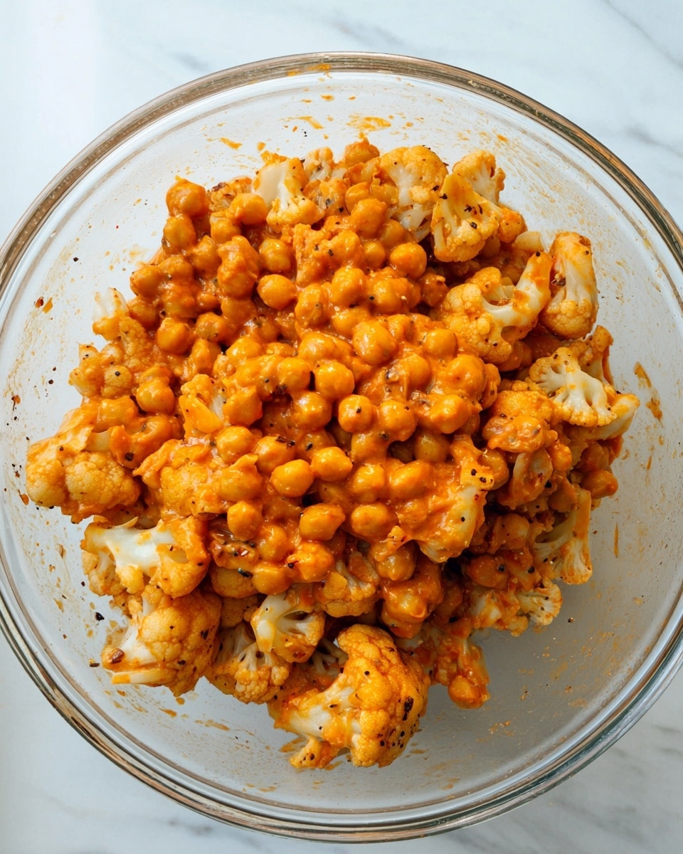 A clear glass bowl filled with two main layers mixed together: small orange chickpeas and light beige cauliflower florets, both covered in a smooth, bright orange sauce. The bowl is on a white marbled surface, and the ingredients have a moist, slightly shiny texture with some dark specks of seasoning scattered throughout. Photo taken with an iphone --ar 4:5 --v 7