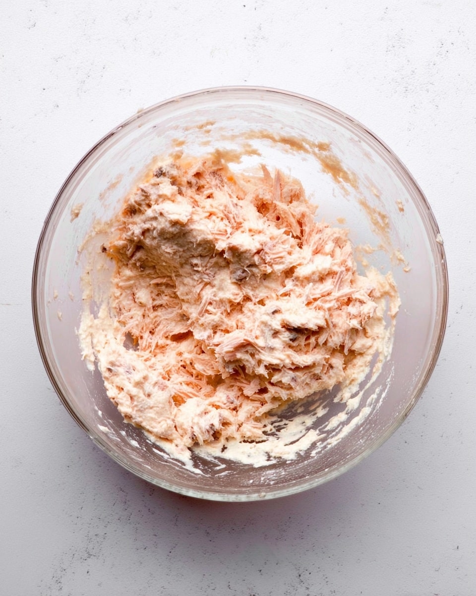A clear glass bowl filled with a light pink and beige mix that looks creamy with shredded pieces throughout, placed on a white marbled surface. The mixture has soft, uneven textures with some small darker spots showing through. The bowl is round and transparent, showing the mixture from the top view, and the inside edges of the bowl have some streaks of the mix on them. photo taken with an iphone --ar 4:5 --v 7