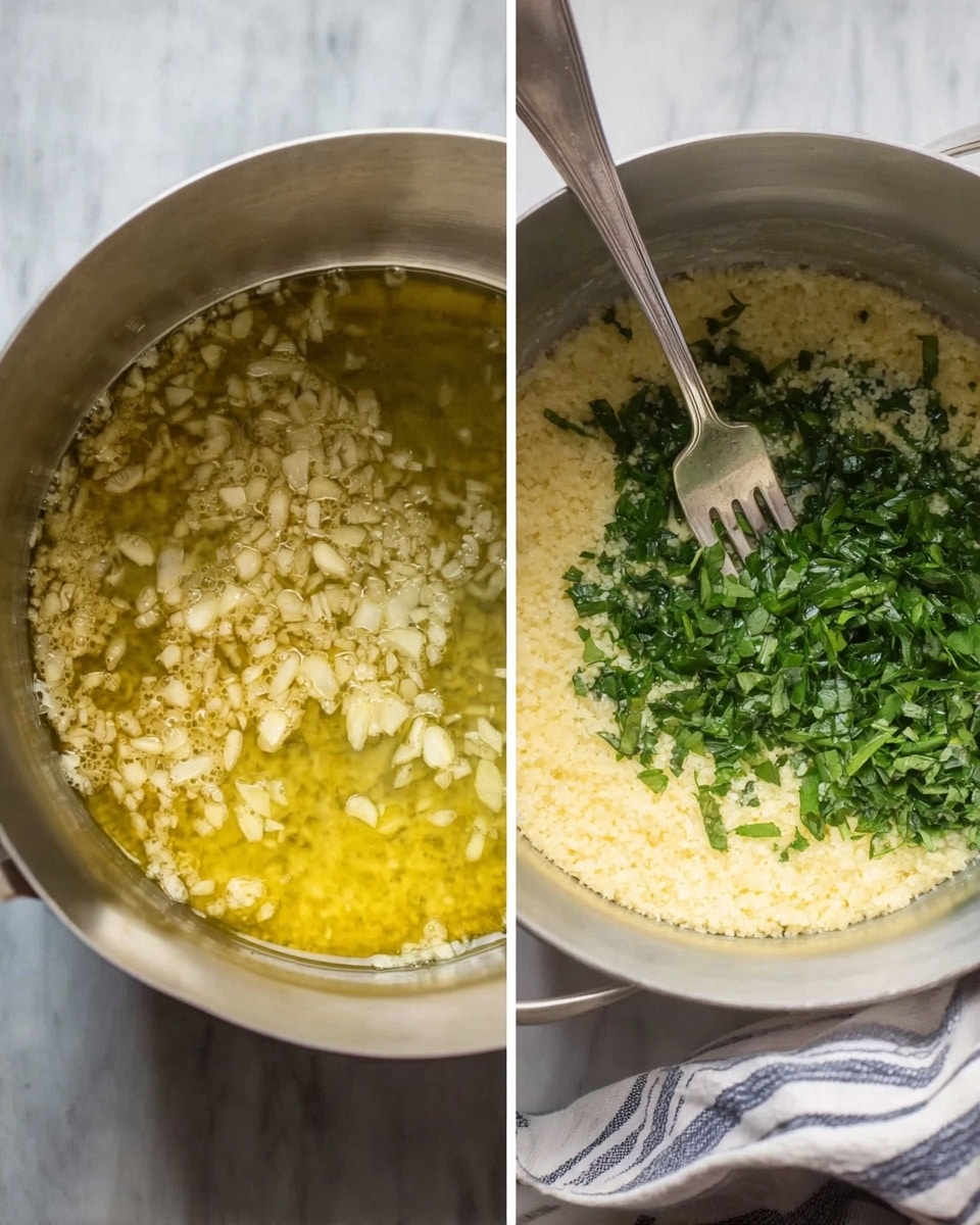 The image set features two close-up shots of a pot on a white marbled surface. The first image shows the pot filled with a clear yellow oil with finely chopped light beige garlic pieces floating and browning inside, creating a textured top layer. The second image shows the pot with a thick, grainy pale yellow base inside, topped on one side with a fresh green leafy herb chopped into small pieces. A silver fork is resting inside the pot, partially inserted into the yellow layer near the herbs. A striped cloth is partly visible on the right side of the pot in the second image. Photo taken with an iphone --ar 4:5 --v 7