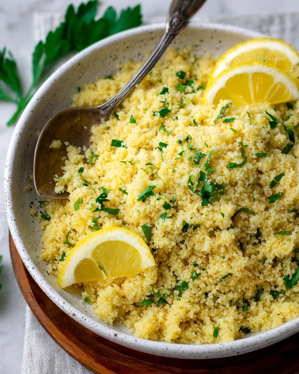 A close-up of a white speckled bowl filled with yellow couscous mixed with small green parsley pieces. On top, there are two lemon wedges placed near the center. A silver vintage spoon rests on the right side inside the bowl. The bowl sits on a wooden plate with green parsley leaves at the top edge, all placed on a white marbled surface photo taken with an iphone --ar 4:5 --v 7