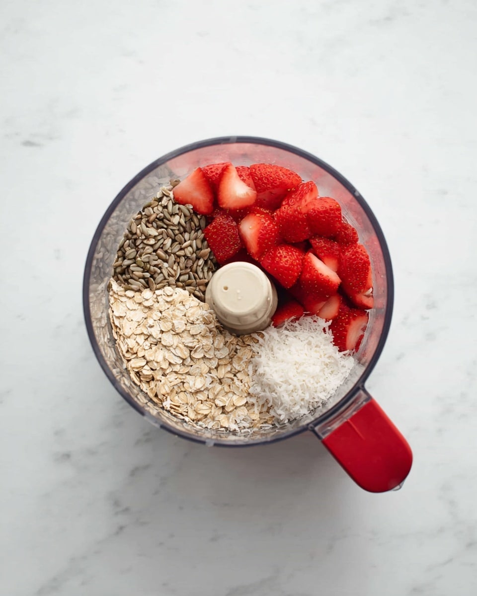 A clear food processor bowl is shown from above, filled with four separate sections of ingredients: bright red sliced strawberries in one quarter, light brown sunflower seeds in the next quarter, pale beige rolled oats filling a larger section, and a small pile of white shredded coconut beside the strawberries. The bowl has a red handle and sits on a white marbled surface. photo taken with an iphone --ar 4:5 --v 7