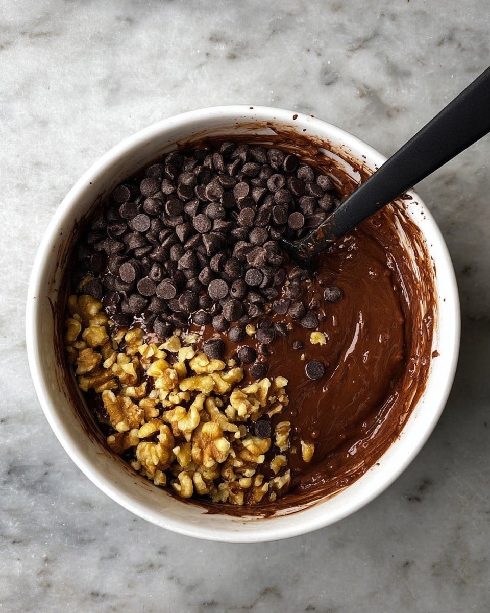 A white bowl filled with dark brown chocolate batter, half of the surface covered with small, shiny dark chocolate chips on the top left and chopped light brown walnuts on the bottom left; the right half shows thick, smooth chocolate batter with a black spatula resting inside the bowl. The bowl is placed on a white marbled surface. photo taken with an iphone --ar 4:5 --v 7