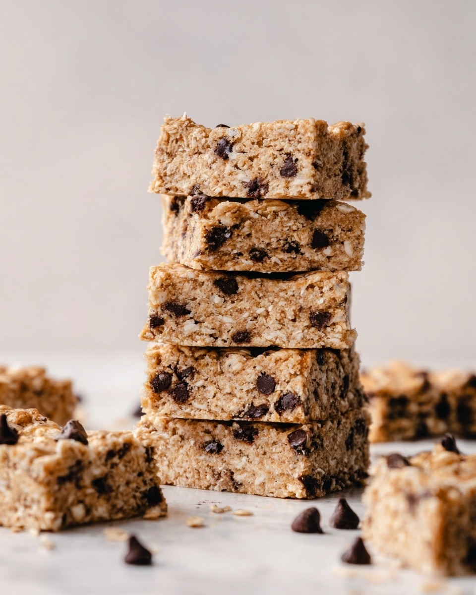 A stack of five square oat bars with dark chocolate chips is shown close up, each bar light brown with a rough oatmeal texture mixed with scattered dark chocolate bits. The bars are stacked unevenly on a white marbled surface with a simple light background, giving a clear view of their thick, soft texture and chocolate chip distribution. In the front and blurred edges, some broken oat bars and loose chocolate chips are scattered. photo taken with an iphone --ar 4:5 --v 7