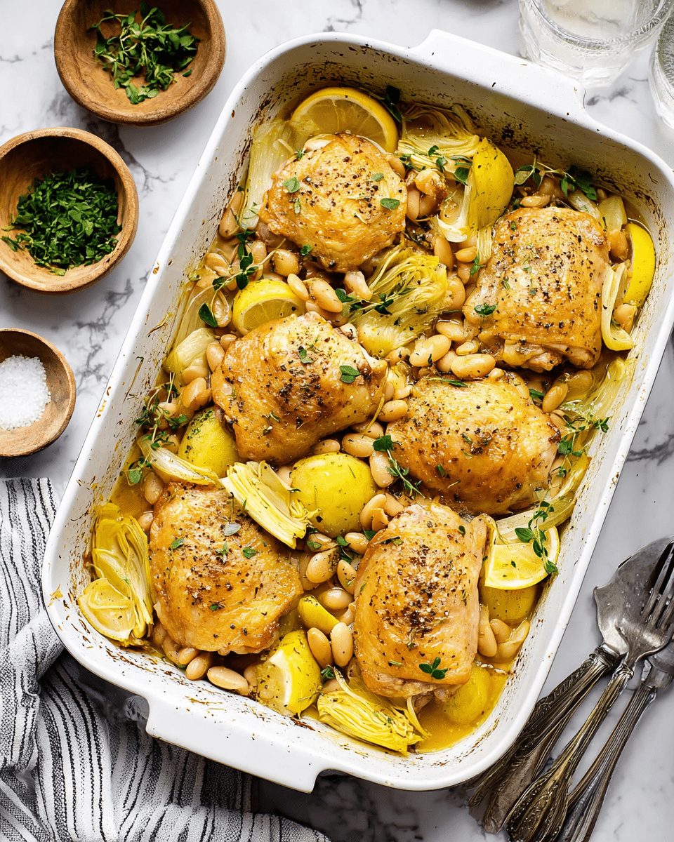Oven Roasted Chicken Thighs with Potatoes, White Beans, and Artichokes Recipe
