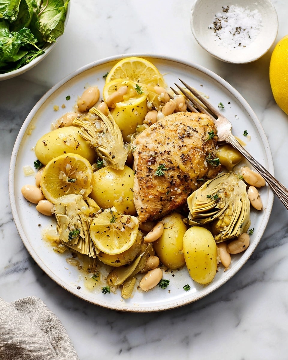 A white plate on a white marbled surface holds a meal with one piece of browned, seasoned cooked chicken on the left side, resting on slices of yellow lemon. Surrounding the chicken are yellow cooked potato halves, soft beige white beans scattered around, and quartered light green artichoke hearts. The dish is sprinkled with small green herb pieces and black pepper. A silver fork rests on the right edge of the plate. In the background, there is a small white bowl with coarse salt and some green leafy herbs beside it. Photo taken with an iphone --ar 4:5 --v 7