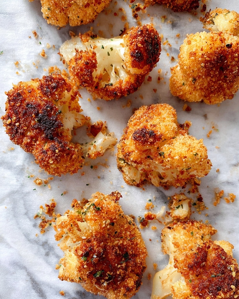 The image shows several pieces of golden-brown breaded cauliflower scattered on white parchment paper over a white marbled surface. Each cauliflower piece has a rough, crispy coating with some darker toasted spots, revealing the soft white cauliflower inside. The breading looks crunchy and unevenly textured with small herb specks and crumbs scattered around, creating a rustic and appetizing look. Photo taken with an iphone --ar 4:5 --v 7