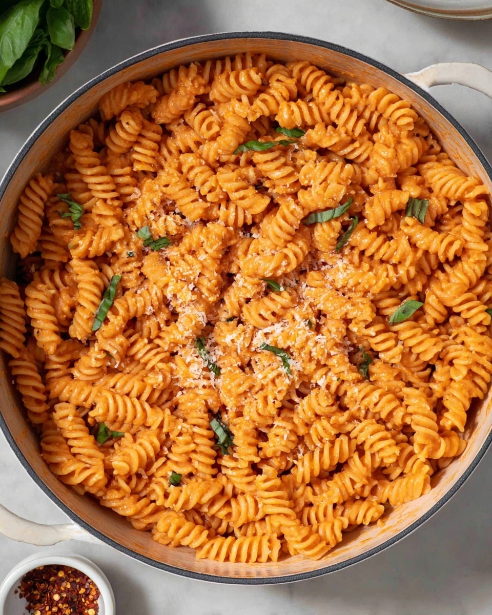 The image shows a large white pot filled with spiraled rotini pasta coated evenly in a smooth, creamy orange sauce. Scattered small green basil leaves add a touch of fresh color, while light sprinkles of grated white cheese are spread over the pasta, giving texture and contrast. The pot sits on a white marbled surface, with a few sides of leafy green ingredients and a small white bowl with red pepper flakes visible nearby. The scene is bright and focused up close on the pasta, showing the sauce clinging to each twist in the spirals. photo taken with an iphone --ar 4:5 --v 7