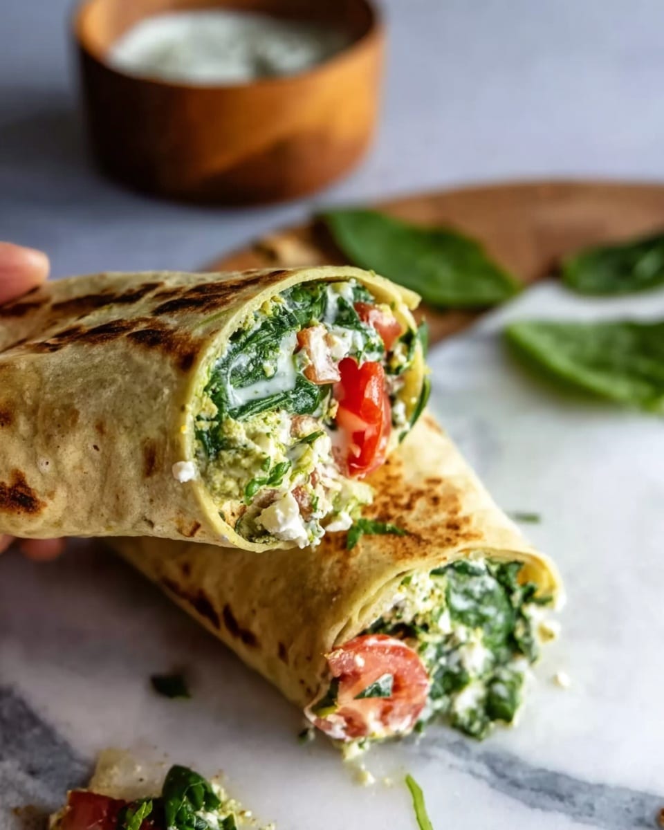 The image shows a close-up of a wrap cut in half on a white marbled surface, with one half slightly tilted to show the inside. The wrap has a light golden-brown grilled texture on the outer tortilla. Inside, there are several layers: bright green spinach leaves, creamy white sauce or cheese, and red cherry tomato halves. The filling looks fresh and mixed with small chunks of white cheese or a similar ingredient. In the background, there is a small wooden bowl with a white sauce and some green spinach leaves nearby. A woman's hand is holding the tilted wrap half, showing the filling clearly. Photo taken with an iphone --ar 4:5 --v 7