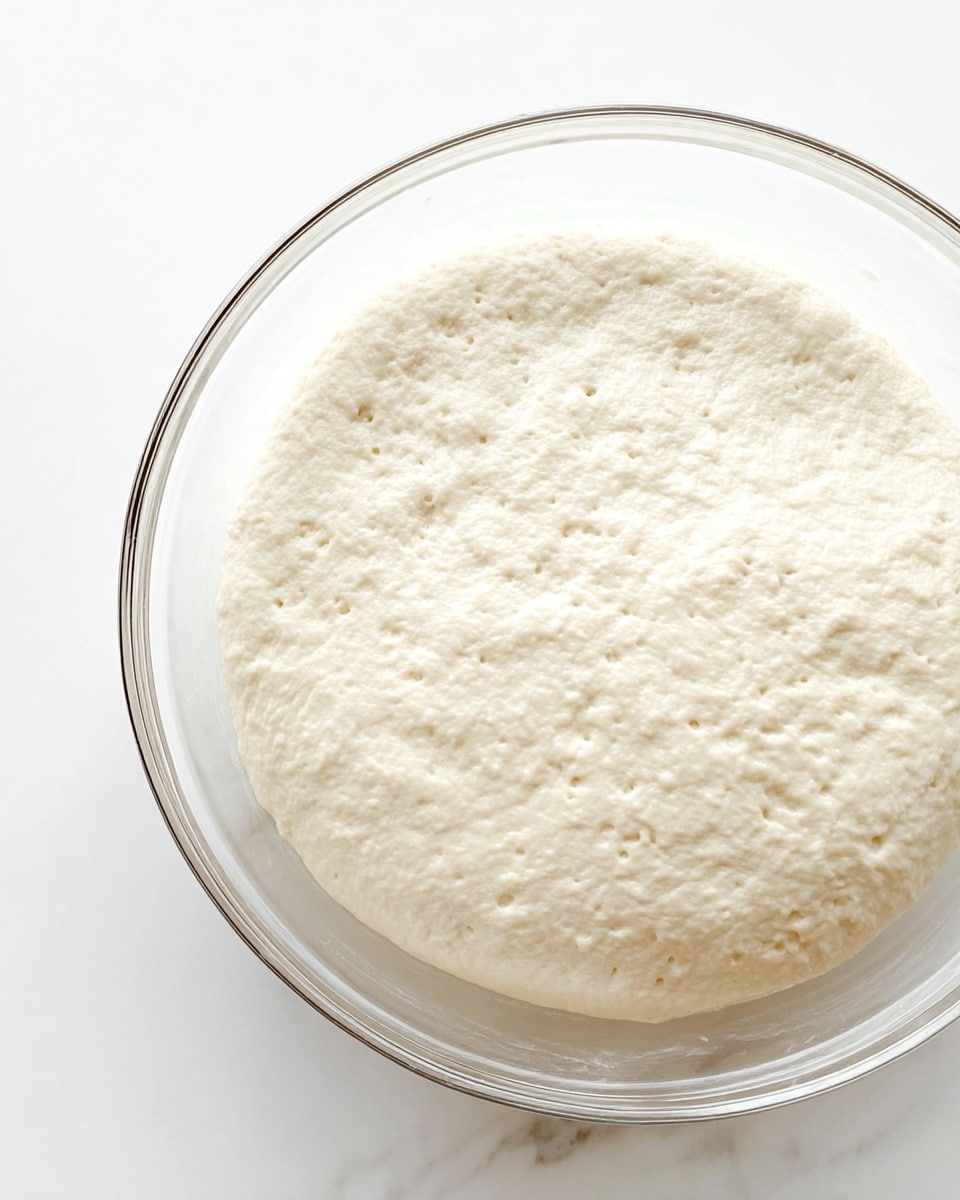 A clear glass bowl sits on a white marbled surface, filled with a single, thick layer of pale, fluffy dough that has risen and expanded to nearly fill the bowl. The dough has a smooth but slightly bumpy texture with small bubbles on its surface, showing it is soft and airy. The light cream color of the dough contrasts with the clear glass edges of the bowl, which is round and medium-sized. The scene is bright and simple, emphasizing the dough's fresh and spongy look. photo taken with an iphone --ar 4:5 --v 7