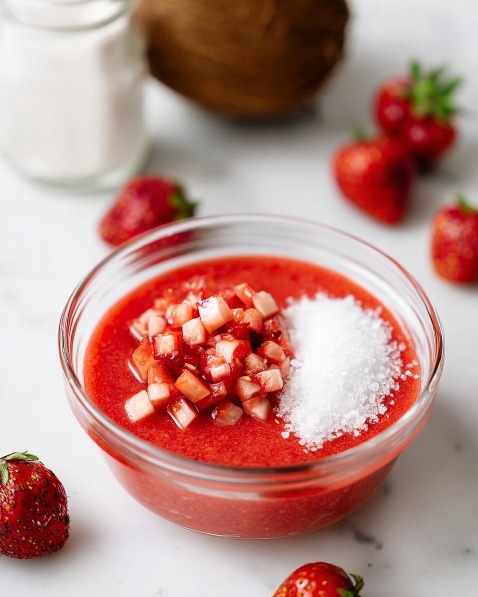 A clear glass bowl sits on a white marbled surface, filled with a bright red strawberry sauce base, topped on one side with a neat pile of small, fresh diced strawberries showing varied tones of red and pink with some white flesh, and on the other side a mound of fine white sugar contrasting sharply against the red sauce. Around the bowl are whole ripe strawberries with green stems, set casually on the white marbled surface, with a blurred glass jar and a brown coconut partially visible in the background. photo taken with an iphone --ar 4:5 --v 7