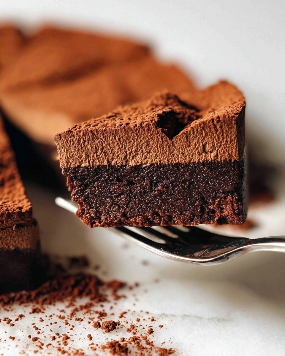 A close-up of a chocolate dessert showing one piece cut and lifted with a shiny metal fork on a white marbled surface; the dessert has two visible layers with a dense dark brown base and a cracked, lighter brown cocoa-powder dusted top layer that looks dry and crumbly. Photo taken with an iphone --ar 4:5 --v 7