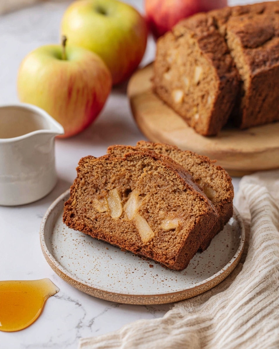 A thick slice of brown apple bread with visible chunks of apple inside rests on a round white speckled plate. Behind the slice, two large pieces of the same bread sit upright on a wooden board, showing their dense texture. To the left, three fresh yellow and red apples add by their smooth surface, and close to the front left edge of the image, there is a small white ceramic pitcher filled with honey with a drop near its spout. The scene is set on a white marbled surface with a beige striped cloth partially visible in the lower right corner. Photo taken with an iphone --ar 4:5 --v 7