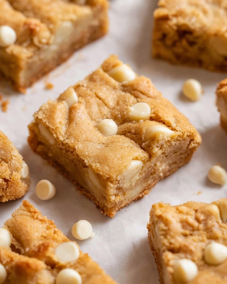 The image shows square blondie bars with a golden brown, slightly crumbly top layer, dotted with shiny white chocolate chips scattered both on and around the bars. The bars have a dense, chewy texture with visible pockets of white chocolate inside. They are placed closely together on white parchment paper, all set against a white marbled surface. The overall look is warm and inviting, highlighting the creamy white chocolate details against the light brown blondie base. Photo taken with an iphone --ar 4:5 --v 7
