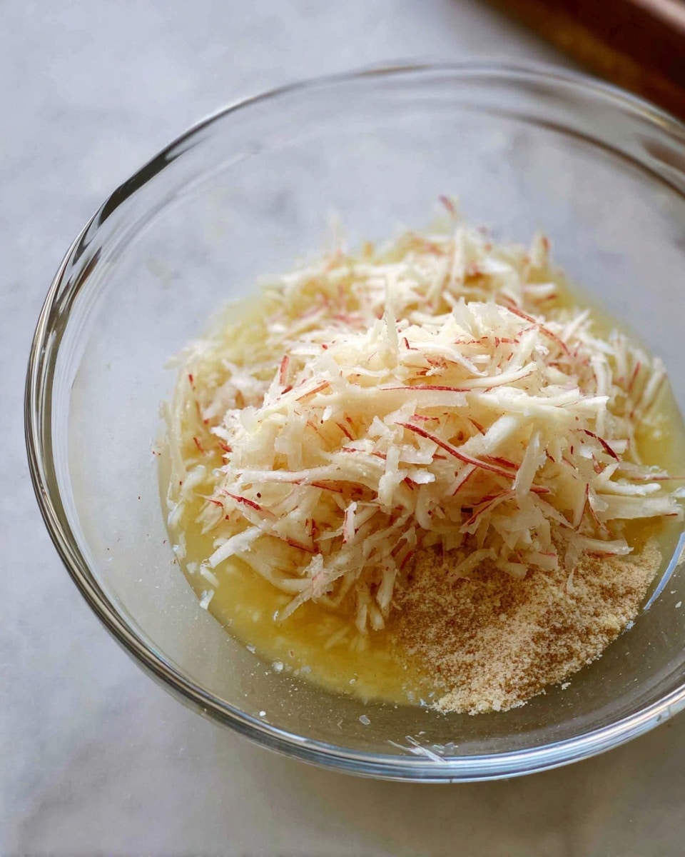 A clear glass bowl sits on a white marbled surface, filled with multiple layers of ingredients. The bottom layer is a smooth light yellow liquid, possibly melted butter. On top of that lies a beige powdery layer that looks like flour or breadcrumbs. The top layer is a pile of shredded pale creamy-white vegetable or fruit with thin red edges mixed inside, adding texture and color contrast. The bowl is partially filled, showing a clear view of these layers inside. Photo taken with an iphone --ar 4:5 --v 7