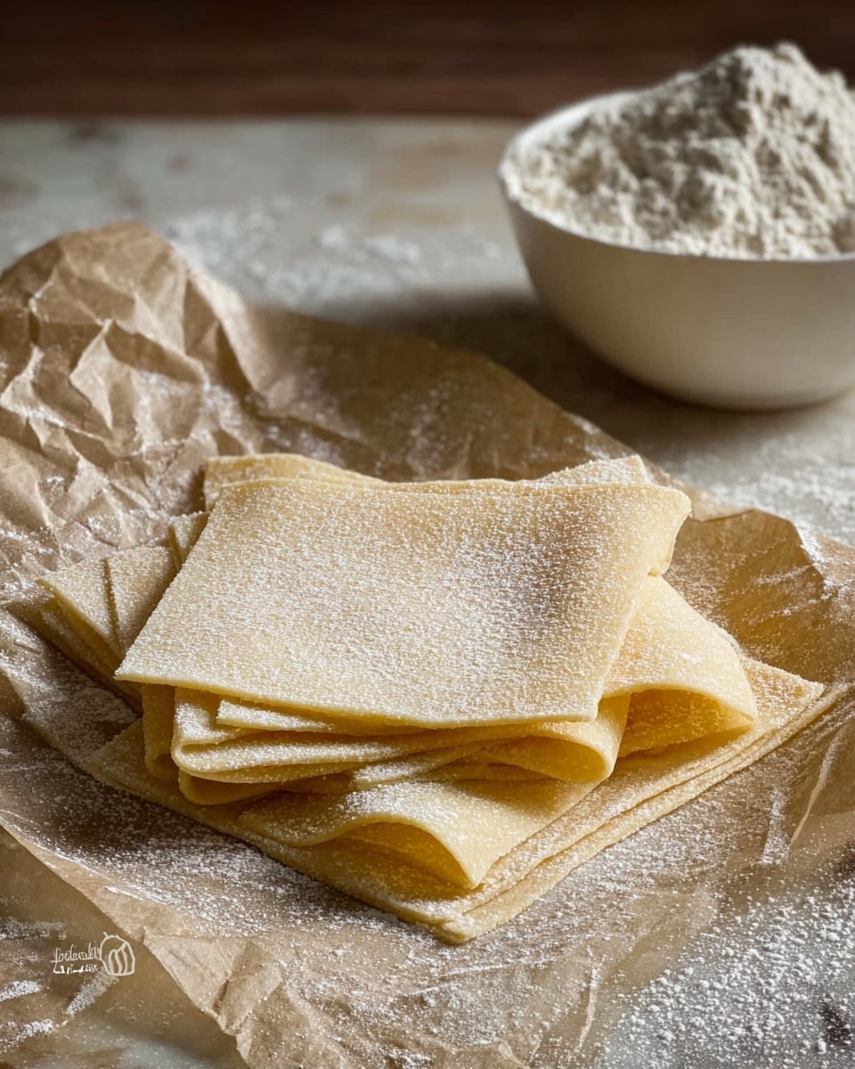 The image shows a small stack of thin, square pasta sheets with a light beige color, laid on crumpled parchment paper. The top sheet is slightly folded back, revealing the soft texture and thin layers beneath. The pasta sheets have a fine dusting of white flour all over them, which also scatters gently on the surrounding surface. Behind the pasta sheets, a white bowl full of flour is partially visible on a white marbled texture. The overall scene has soft, warm lighting highlighting the delicate texture of the pasta and flour photo taken with an iphone --ar 4:5 --v 7