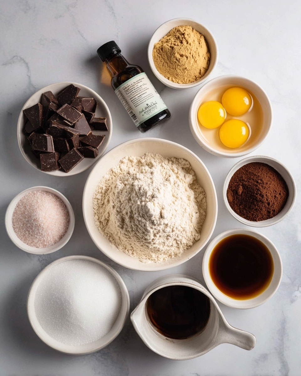 A top view shows nine containers arranged on a white marbled surface. In the center is a white bowl filled with light beige flour, fine and powdery with a small mound on top. Surrounding it clockwise are a white bowl with dark chocolate chunks, a white bowl with two yellow egg yolks in clear whites, a white bowl heaped with light brown sugar, a small dark bottle of vanilla extract with a label, a white bowl holding three small piles of white powder, pink salt, and white salt, a white bowl filled with dark brown ground coffee, a white bowl with white granulated sugar, and a small saucepan with dark brown melted butter visible. The setup is tidy and clearly shows different baking ingredients. photo taken with an iphone --ar 4:5 --v 7