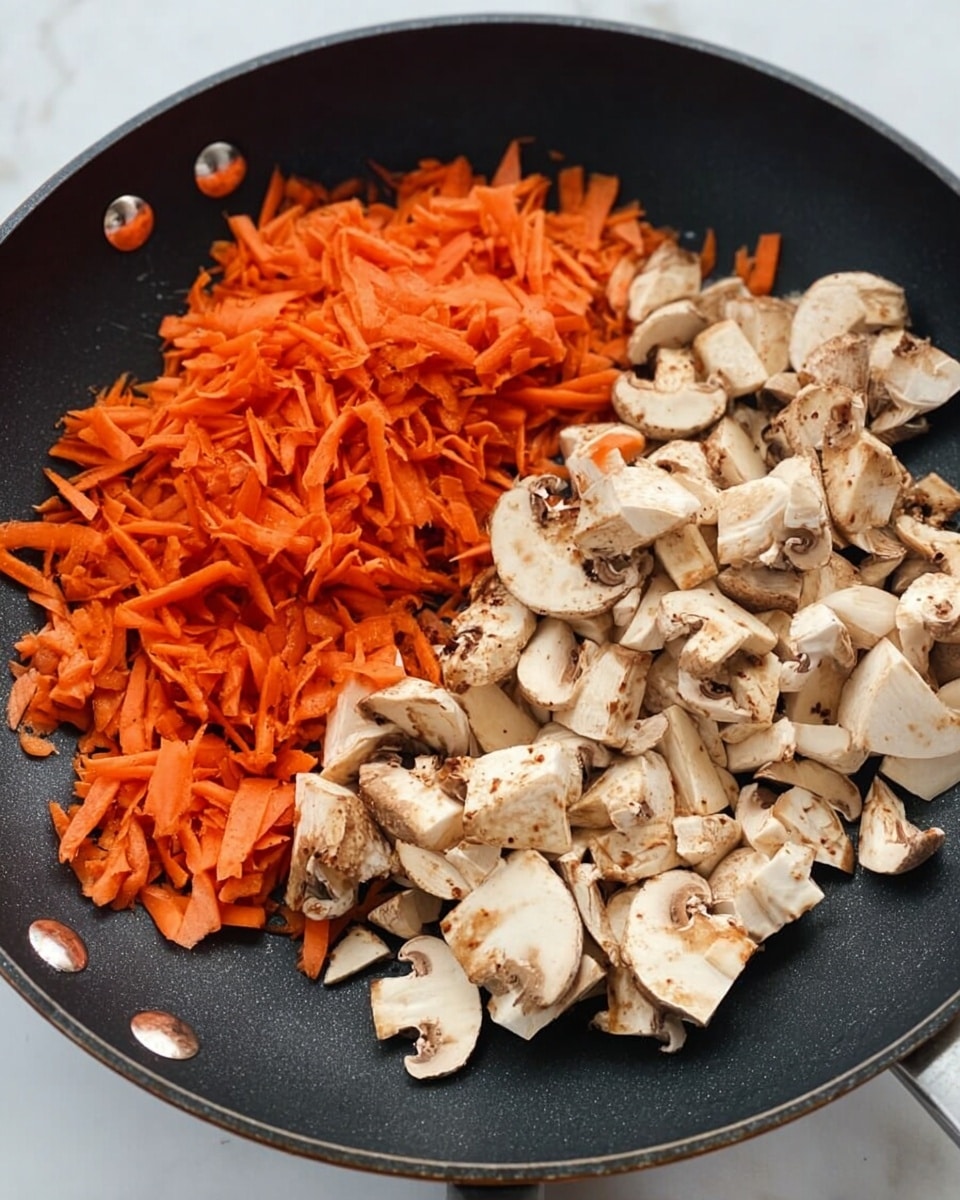 A close-up view of a black frying pan sitting on a white marbled surface, filled with two sections of ingredients: on the left, finely shredded orange carrot pieces, and on the right, roughly chopped white mushrooms with brown spots. The ingredients are fresh and raw, showing a clear contrast between the bright orange and muted white colors. The pan is simple with two small metal rivets visible on the left side near the handle. Photo taken with an iphone --ar 4:5 --v 7