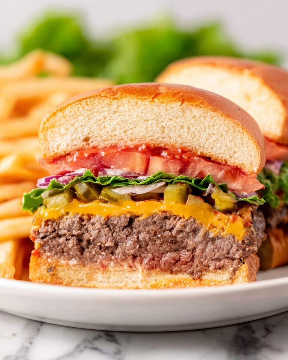 The image shows a thick hamburger cut in half, placed on a white plate with golden fries on the side. The burger has several layers: starting from the bottom, a soft light brown bun, fresh green lettuce with a bit of red sauce, a thick brown beef patty, a slice of melted orange cheddar cheese, bright red tomato slices, green pickles, and the top half of the bun, which is golden brown with a soft texture. The background surface is white marbled. Photo taken with an iphone --ar 4:5 --v 7