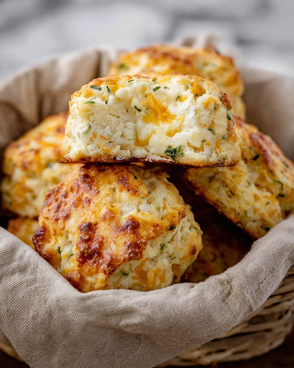 The image shows a basket lined with a light brown cloth holding several golden-brown cheese biscuits. One biscuit is placed on top with its inside facing the camera, revealing a soft, crumbly texture with small bits of cheese and green herbs spread throughout. The biscuits have a slightly uneven surface with browned spots that give a warm, freshly baked look. The background features a white marbled texture. photo taken with an iphone --ar 4:5 --v 7