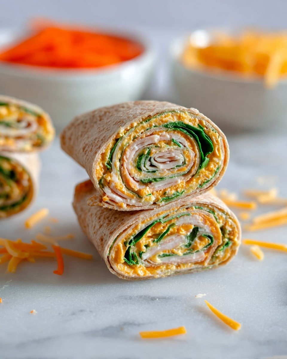 The image shows three rolled tortilla wraps stacked in the center on a white marbled surface. Each wrap has layers starting with a light brown whole wheat tortilla on the outside, followed by a creamy orange spread mixed with shredded cheese, then green leafy spinach, and thin slices of white deli turkey meat in the center. The wraps are cut to show the swirled layers inside, with some loose shredded cheese pieces scattered around. In the blurred background, there are two white bowls, one with shredded orange carrots and the other with more shredded cheese. Photo taken with an iphone --ar 4:5 --v 7