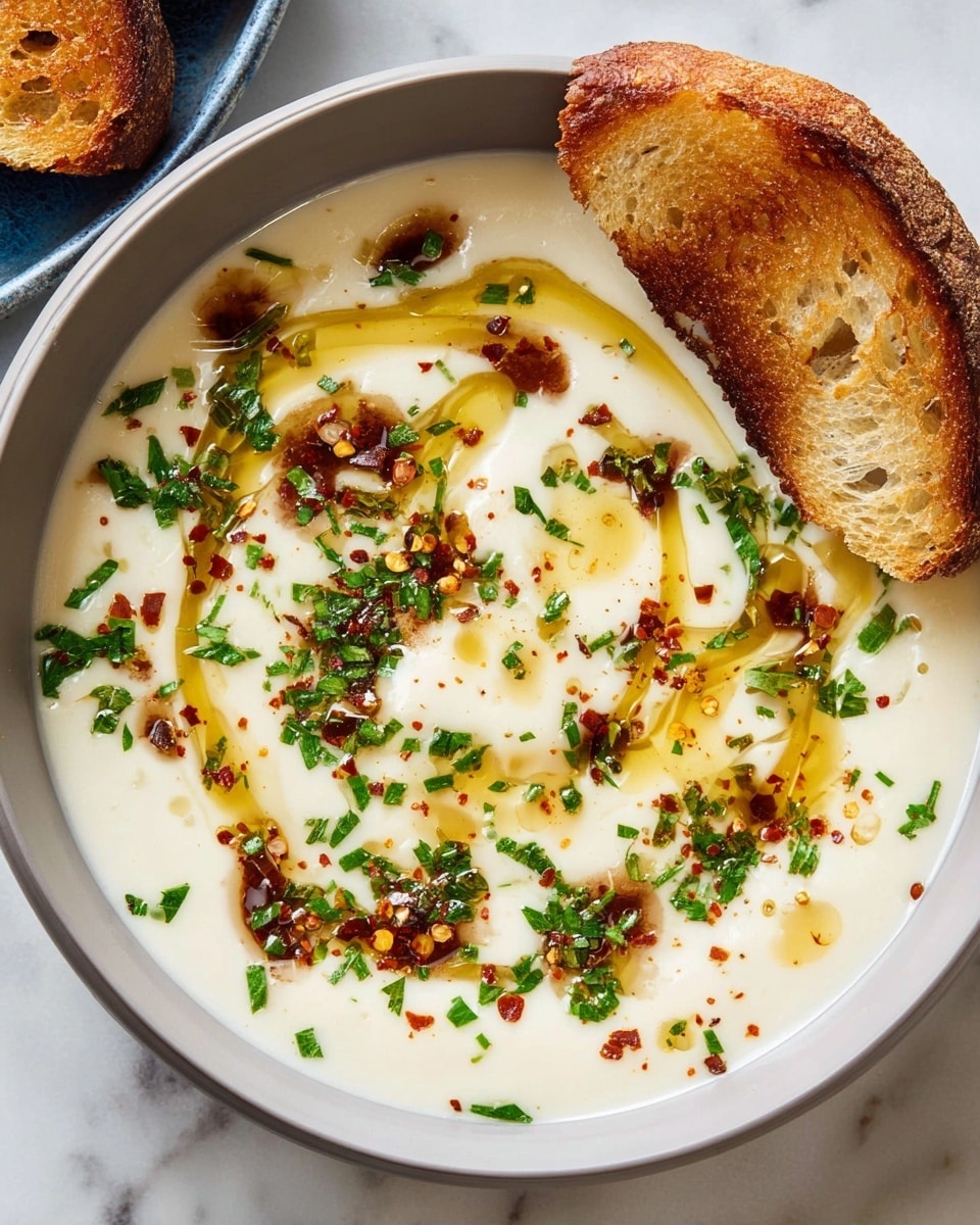 A bowl filled with a creamy white soup forms the base layer, topped with swirls of golden olive oil and small splashes of brown sauce scattered across the surface. Green chopped herbs are sprinkled evenly over the soup, adding a fresh touch, while red chili flakes bring a hint of brightness and spice. A piece of toasted bread with a golden crust is placed on the right edge of the soup bowl, partially dipped in the soup. The bowl is white and rests on a white marbled surface. Photo taken with an iphone --ar 4:5 --v 7