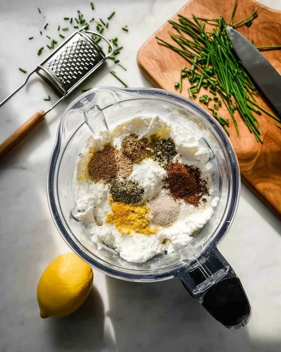 The image shows a clear blender container placed on a white marbled surface. Inside the blender, there are several layers of ingredients: a base of white cottage cheese with a soft, lumpy texture, topped with a sprinkle of ground spices including light yellow, dark brown, and beige powders in the center. Next to the blender, on the surface, is a lemon with bright yellow skin and a metal grater with a black handle. In the upper part of the image, a wooden cutting board holds a bunch of green chives, some whole and some chopped, along with a knife. The scene is well-lit with natural light, creating soft shadows and highlighting the textures of the ingredients and tools. Photo taken with an iphone --ar 4:5 --v 7