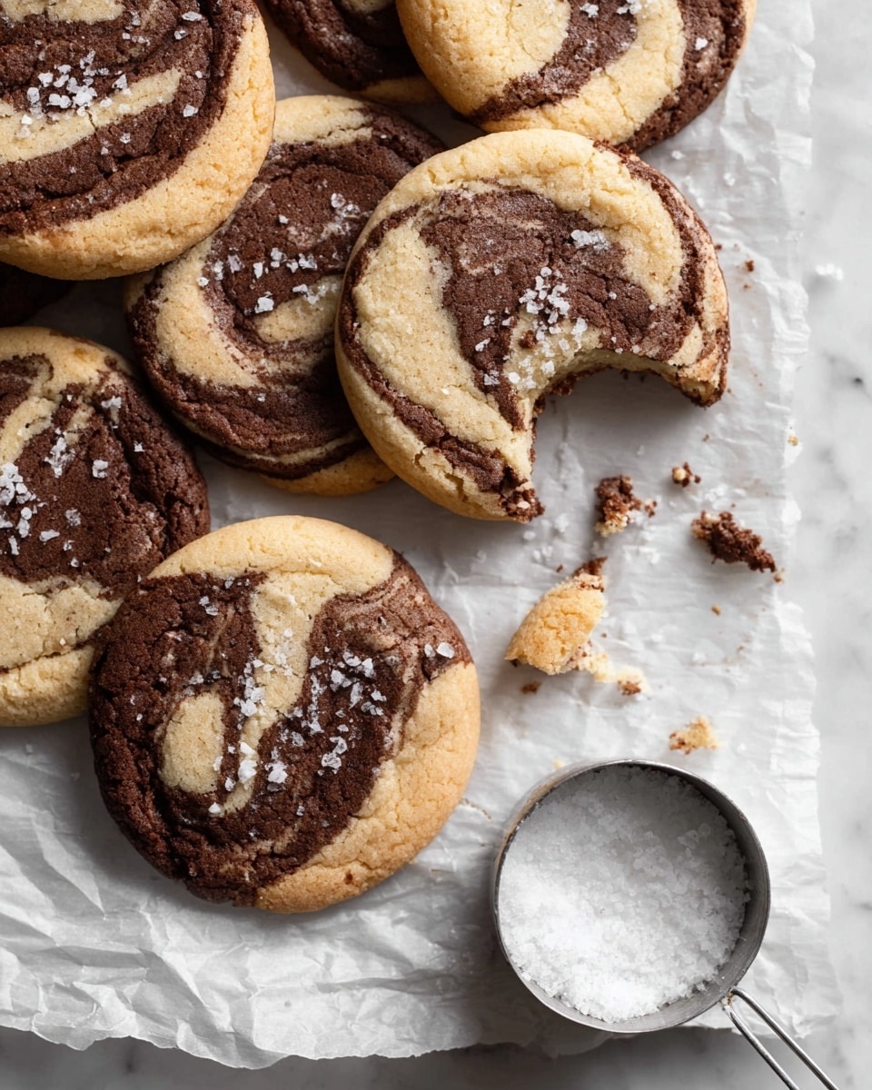 A group of round cookies with swirled layers of light beige and dark brown dough, showing a marbled pattern on top, sprinkled with coarse sea salt. One cookie has a bite taken out of it, revealing the soft texture inside, and small crumbs scattered around it. The cookies rest on crinkled white parchment paper placed over a white marbled surface. A small white metal measuring cup filled with coarse sea salt sits nearby on the right side of the image. Photo taken with an iphone --ar 4:5 --v 7