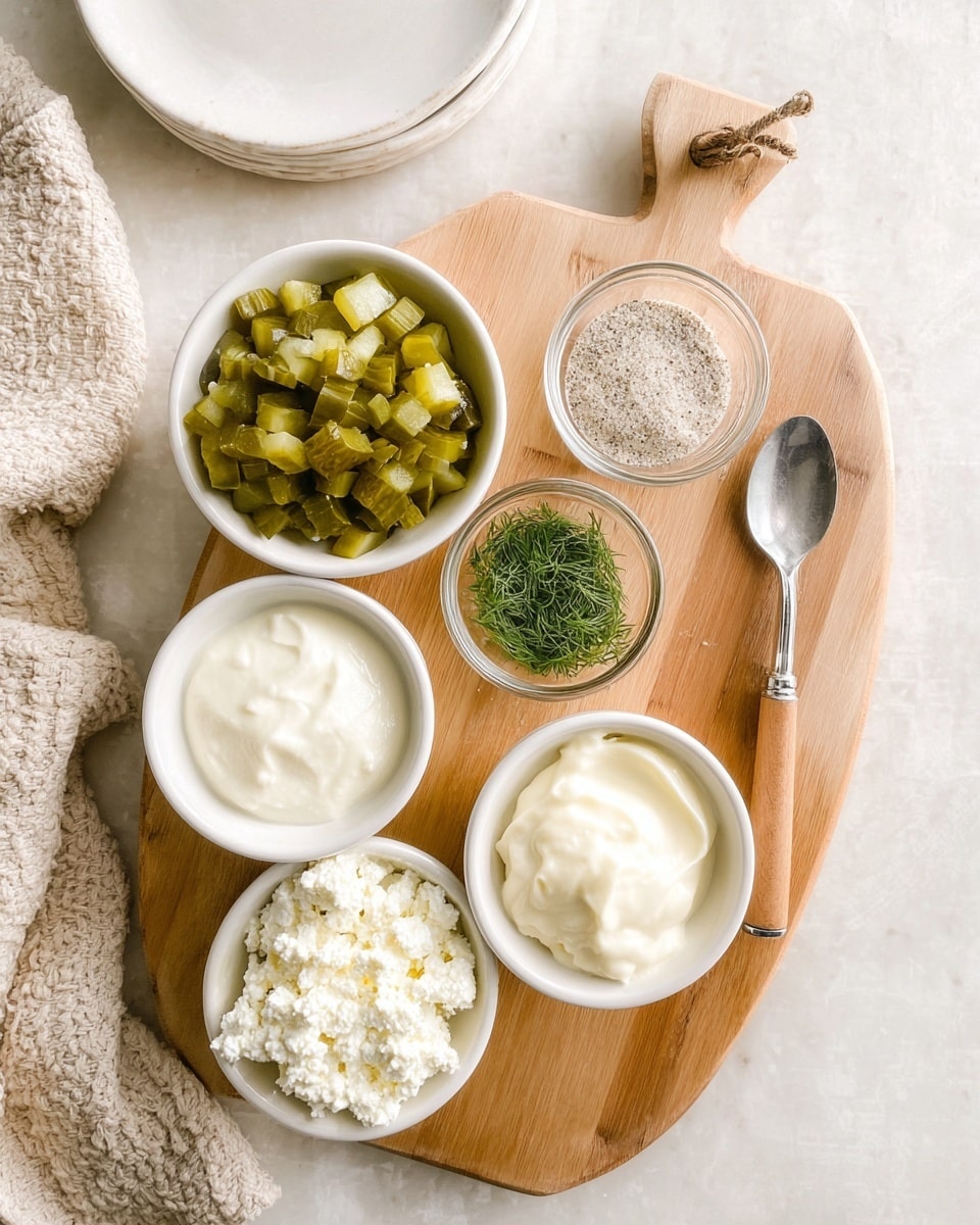 The image shows a wooden cutting board on a white marbled surface, holding five small white bowls with different ingredients arranged neatly. In the center, a bowl is filled with diced green pickles, their bright color contrasting with the creamy white bowls. To the lower right, a bowl contains smooth, whipped cream cheese with a soft texture. Just below the pickles, a bowl holds white cottage cheese with visible curds. To the left, a smaller bowl of sour cream with a smooth, thick texture. At the top, two small glass bowls hold dry seasoning mix, pale beige with specks, and finely chopped fresh green dill. A silver spoon with a wooden handle rests diagonally on the board, reflecting light. A white ceramic plate is partly visible on the top left, against the white marbled background. A beige textured cloth is softly draped on the lower left side. photo taken with an iphone --ar 4:5 --v 7