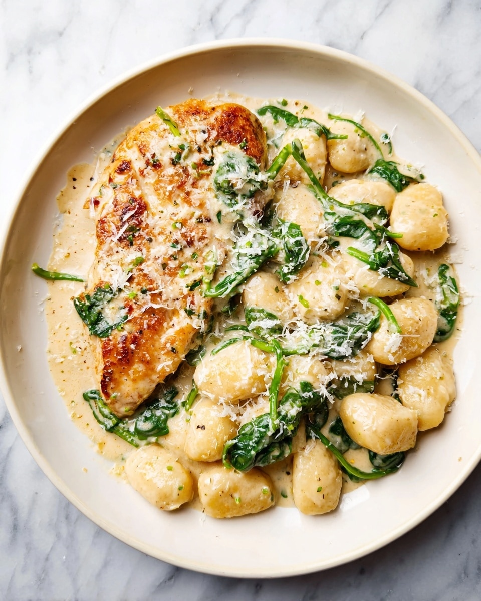 A white plate holds a golden-brown piece of cooked chicken on the left, topped with a light creamy sauce that has green spinach leaves mixed in. To the right, there is a pile of plump gnocchi covered in the same creamy sauce with some spinach leaves scattered throughout. Both the chicken and gnocchi are sprinkled with finely grated white cheese. The plate sits on a white marbled surface. photo taken with an iphone --ar 4:5 --v 7