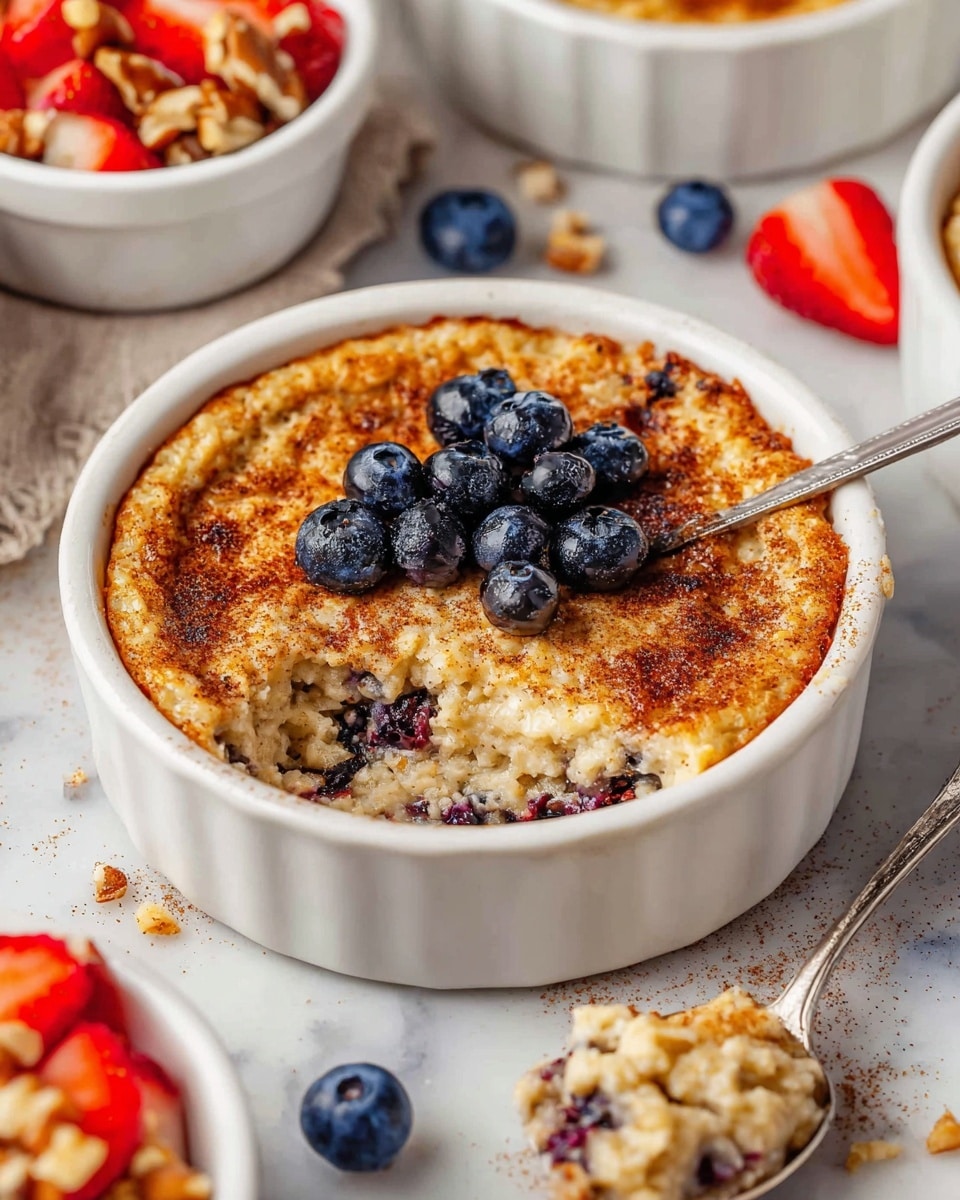 A white round dish holds a single-layer baked oatmeal cake, golden brown with a slightly uneven surface, sprinkled with cinnamon. On top of the cake, there is a small pile of fresh dark blueberries. A spoon scoops out part of the oatmeal, revealing a moist inside with bits of blueberries. Around the main dish, blurred in the background, there are other white dishes filled with baked oatmeal topped with chopped strawberries and nuts. The setting has a white marbled tabletop, scattered with loose blueberries and strawberry pieces. Photo taken with an iphone --ar 4:5 --v 7