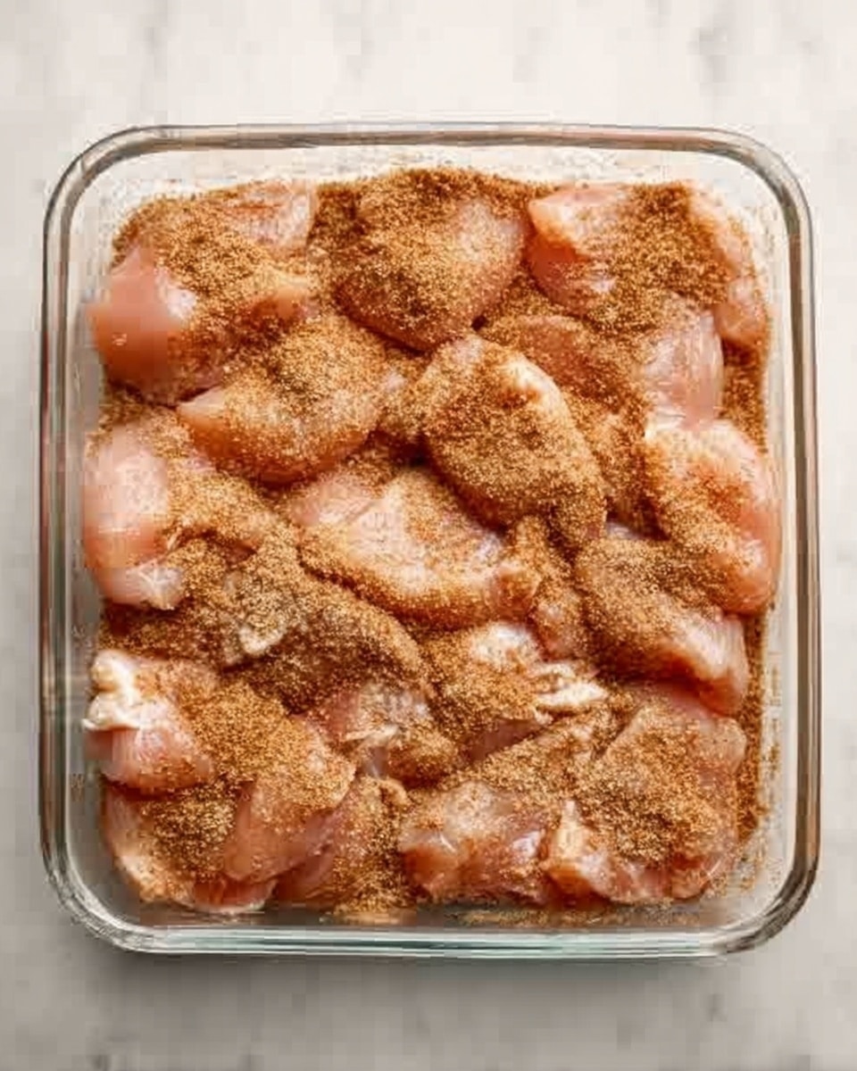 A clear glass baking dish filled with several pieces of raw chicken layered at the bottom, light pink in color with a soft texture, covered with a rough layer of brown dry seasoning spread evenly on top. The dish is set on a white marbled surface. photo taken with an iphone --ar 4:5 --v 7