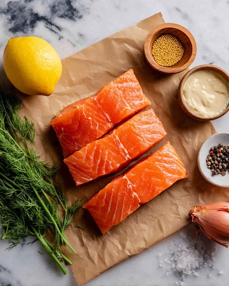 The image shows three bright orange salmon fillets laid in a slightly overlapping, stacked diagonal line on a piece of brown paper, placed on a white marbled surface. Above the salmon fillets are three small items: a wooden bowl with white creamy sauce, a small white bowl with golden mustard seeds, and a whole shallot with a reddish-pink skin. To the right of the salmon, there are fresh green sprigs of dill, while to the left, a whole yellow lemon sits next to small piles of black pepper and white salt. The textures show the salmon’s moist, delicate surface with visible lines of fatty layers, contrasted with the smooth sauces and the roughness of the mustard seeds photo taken with an iphone --ar 4:5 --v 7