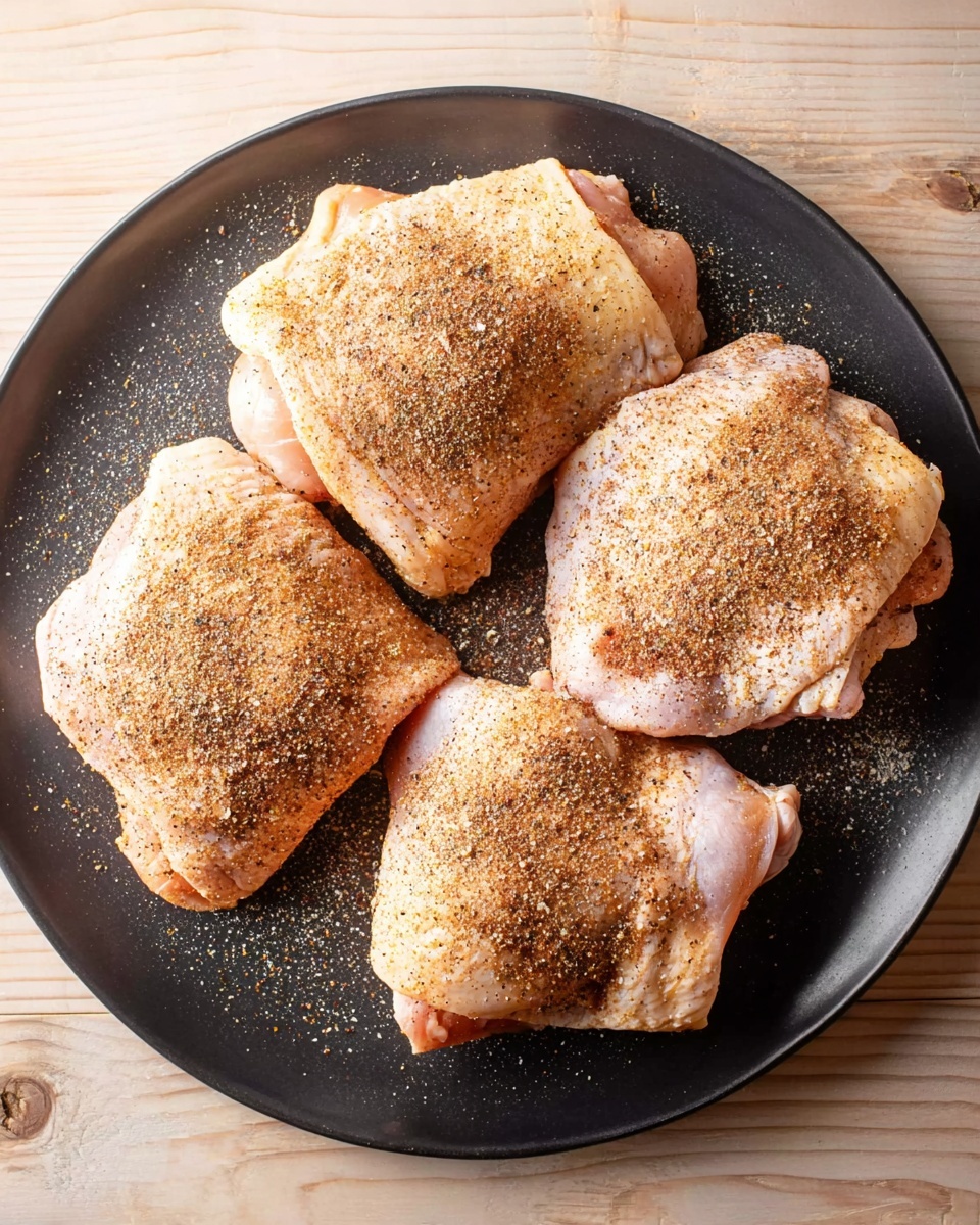 A round black plate holds four raw chicken thighs arranged loosely in a circle, each piece covered with a layer of brown and black seasoning mixed with some lighter spices that sprinkle onto the plate as well. The chicken skin is pale yellow with a slightly pinkish hue showing near the edges, and the texture is smooth but firm. The background is a light wooden surface with a natural grain pattern. photo taken with an iphone --ar 4:5 --v 7