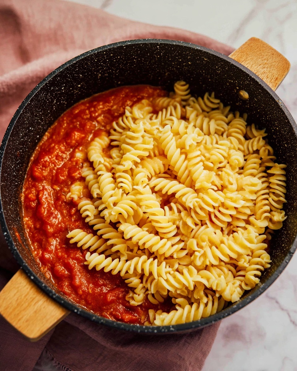 Inside a black speckled pot with wooden handles, there are two visible layers: the bottom layer is a thick, rich red tomato sauce with small chunks and a slightly textured appearance, while the top layer features a large pile of light yellow rotini pasta with a smooth, spiraled texture, not yet mixed with the sauce. The pot rests on a white marbled surface with a soft pink cloth slightly visible in the background. Photo taken with an iphone --ar 4:5 --v 7