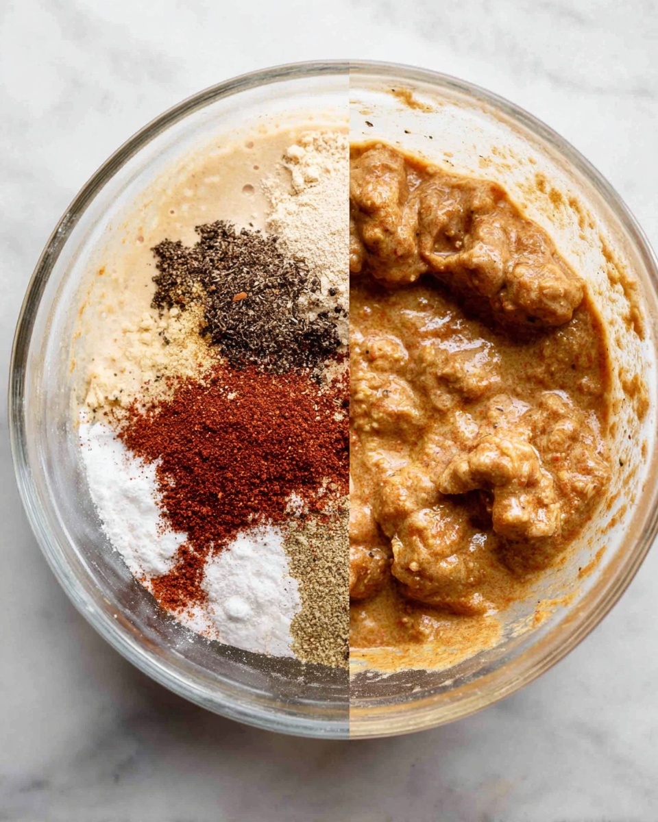 A clear glass bowl sits on a white marbled surface. Inside, there is a mix of dry and wet ingredients in separate sections before mixing: a beige creamy base, dark brown spices, red powder, white powder, and black pepper, all layered closely together but not yet combined. On the right side, the same bowl contains a thick, light brown mixture with visible chunks coated evenly in the spice blend, showing a smooth and creamy texture with small lumps. Photo taken with an iphone --ar 4:5 --v 7