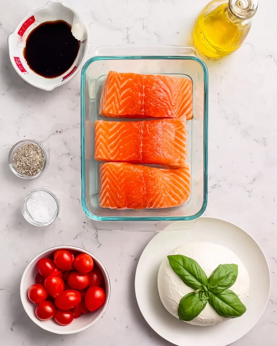 The image shows four pieces of raw salmon with bright orange and white stripes, neatly placed in a rectangular glass dish at the center. Above it to the left, there is a small white bowl filled with dark soy sauce. To the right, on a white plate, there is a round white mozzarella ball with three fresh green basil leaves next to it. Below the salmon dish, there is a small white bowl with salt and pepper. To the lower right, a small bowl holds bright red cherry tomatoes, and above it is a small glass container of yellow olive oil. The whole setup is on a white marbled surface. photo taken with an iphone --ar 4:5 --v 7