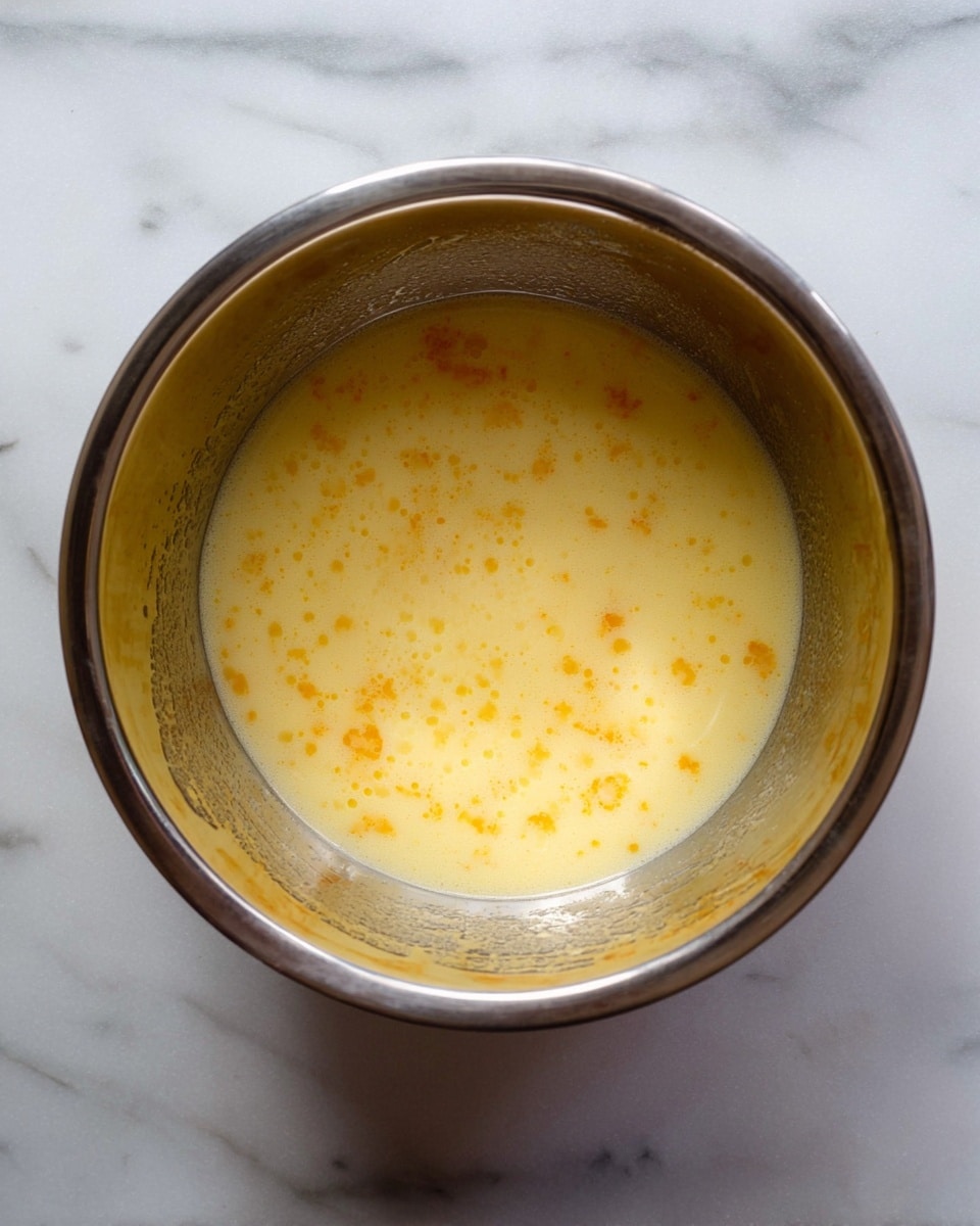 A shiny metal bowl sits on a white marbled surface, filled with a pale yellow liquid mixture that has tiny bright orange specks evenly spread throughout. The liquid looks smooth and slightly thick, with a soft, creamy texture. The bowl has some light smudges on the inside edges, showing where the mixture has been stirred. Photo taken with an iphone --ar 4:5 --v 7