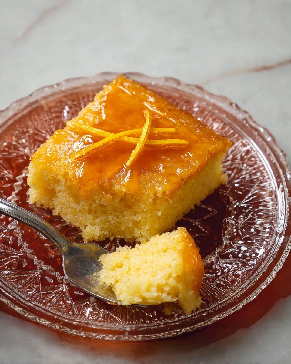 A square piece of yellow cake with a moist texture sits on a clear glass plate with intricate patterns, placed on a white marbled surface. The cake is topped with a glossy orange sauce and thin orange peel strips scattered evenly across the top, creating a shiny and slightly sticky layer. A metal fork holds a small bite of the same yellow cake close to the plate, showing its soft crumb inside. photo taken with an iphone --ar 4:5 --v 7