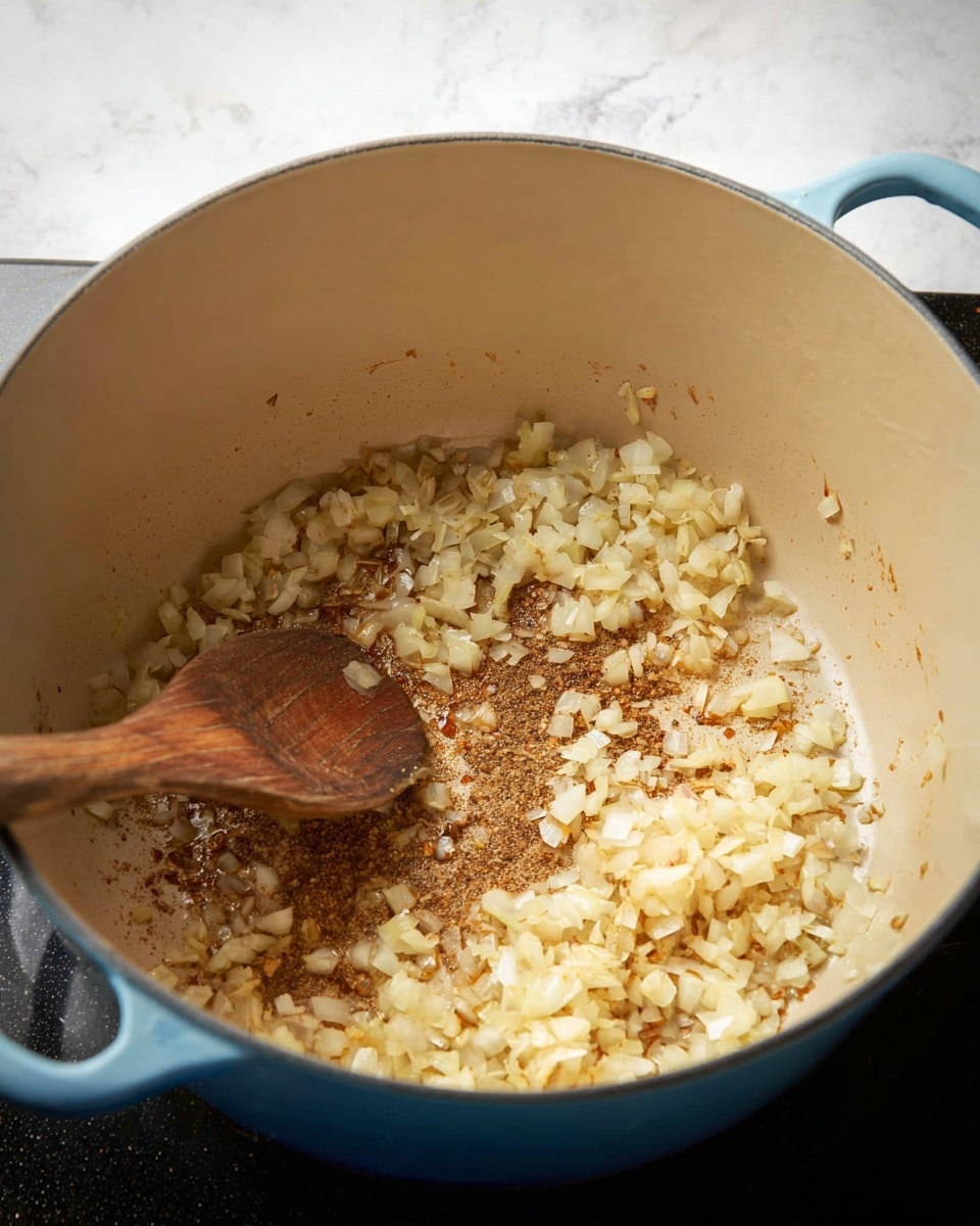 Inside a large round light beige pot with a blue outer edge, small chopped onions and spices are being gently stirred with a wooden spoon showing a natural wood grain pattern. The onions are light yellow with some brown spice coating, sitting in the bottom center of the pot that has a slightly marked texture from cooking. The pot rests on a shiny black stovetop, seen from above against a white marbled surface in the background. Photo taken with an iphone --ar 4:5 --v 7